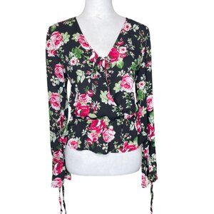 Ambiance Black Floral Peplum Blouse Top Tie Up V-Neck Size Large